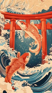 锦鲤跃龙门 日式浮世绘风