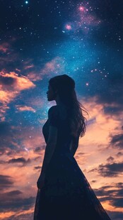 少女仰望璀璨星空剪影