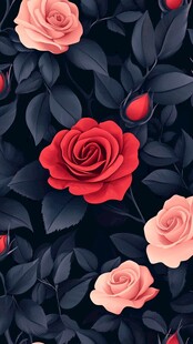 深红粉玫瑰与叶的优雅图案