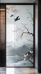 中式花鸟山水玻璃隔断
