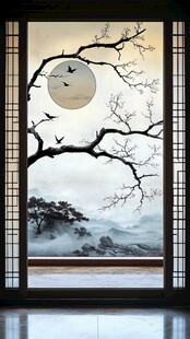 中式窗景下的月夜山水图