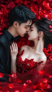 浪漫情侣沉浸于玫瑰之吻