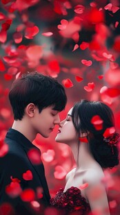 浪漫情侣在红心花瓣中亲吻