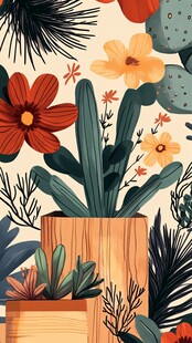 手绘风多彩植物盆栽图案