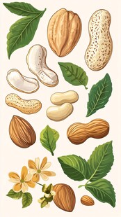 多彩坚果与花叶插画展示