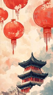 红灯笼下的古典楼阁美景