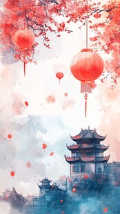 古风中式灯笼与楼阁美景