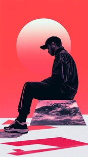 孤独男子坐于奇幻场景前