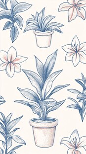 手绘盆栽花卉无缝图案