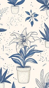 蓝白花卉盆栽无缝图案