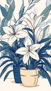清新手绘风百合花盆栽图