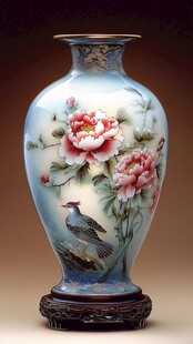 蓝底花鸟纹精美陶瓷花瓶