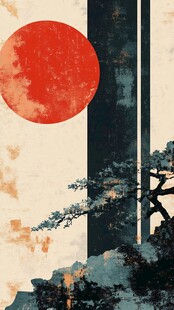 日式风景插画中的红日松影