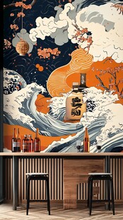 日式浮世绘风格酒吧背景墙