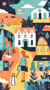 女孩漫步于多彩小镇风光