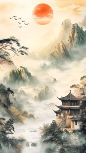 夕阳下的中式山水楼阁