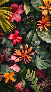 热带花卉与繁茂绿叶景观