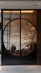 中式圆窗屏风艺术景致
