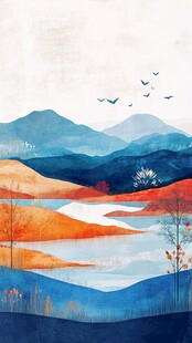 秋日山水飞鸟诗意风景图
