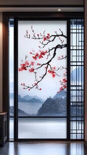 中式玄关梅花山水玻璃隔断