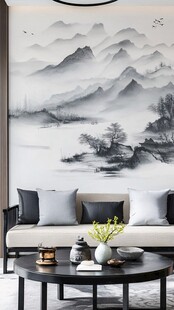 中式山水背景墙客厅一角