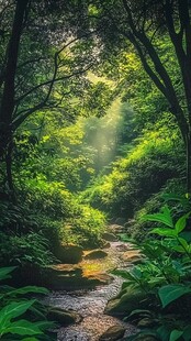阳光洒落的静谧森林溪流