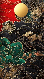 中式金纹海浪红日装饰图