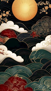 日式浮世绘风海浪与日月景
