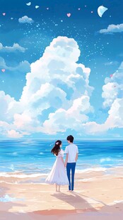 海边情侣漫步浪漫天空下