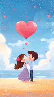 海边情侣与爱心气球之吻