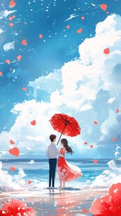 浪漫海滩情侣撑伞共赏景