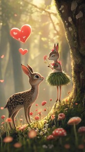 小鹿与小兔的森林浪漫邂逅
