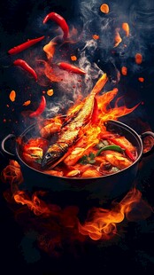 火焰锅中的香辣海鲜盛宴