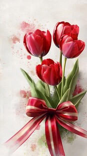 红郁金香花束与精美丝带