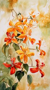 油画中的绚烂橙红花卉