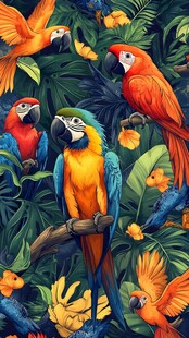 热带鹦鹉与繁茂植物图景