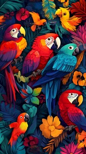 热带鹦鹉与缤纷花卉图景
