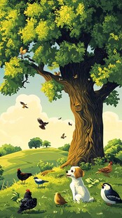 树下动物的惬意田园时光