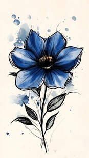 蓝色水墨风花朵插画