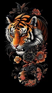 老虎花卉纹身图案设计