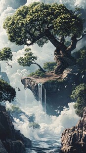 奇幻悬崖古松瀑布景观