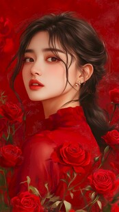 红裙佳人绽于玫瑰之间