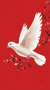 白鸽于红背景中展翅飞舞