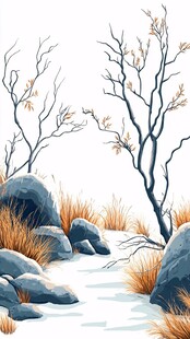 冬日溪边枯树岩石风景