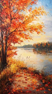 秋日湖畔美景油画