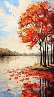 秋日湖畔红叶树景