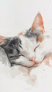 酣睡的三色猫咪水彩画