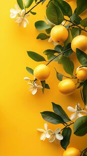金黄柠檬与绿叶白花组合