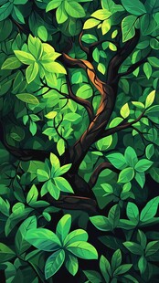 繁茂绿叶中的蜿蜒树枝