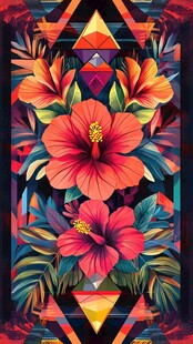 热带花卉几何图案装饰画